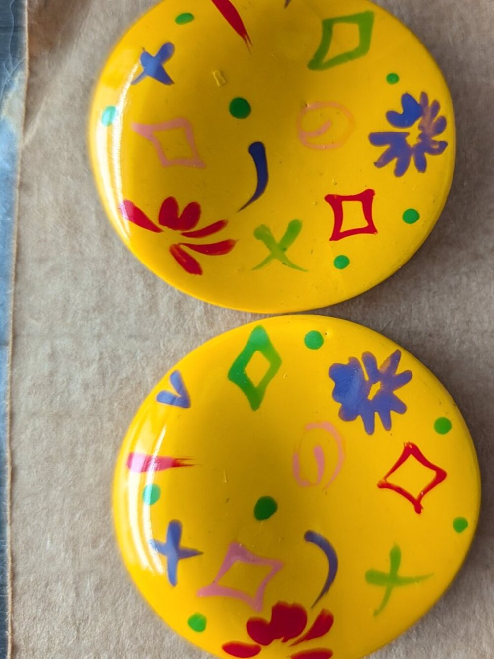 Vintage Yellow Abstract Floral Round Statement Earrings Retro Mod